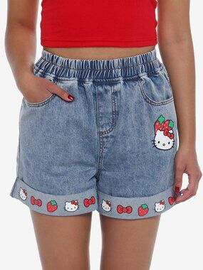 NWOT Hello Kitty by Sanrio Strawberry Elastic High-Waisted Denim Mom Shorts Sz M